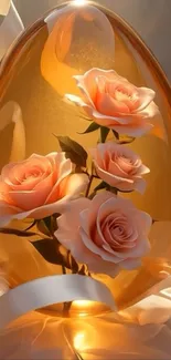 Pink roses encased in glowing amber light.