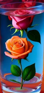 Pink and orange roses in a glass vase wallpaper.