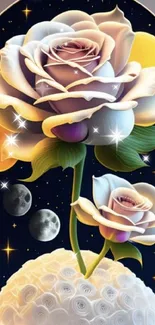 Elegant white roses with celestial background.