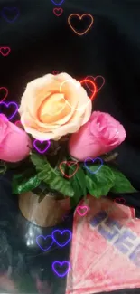 Bouquet of roses in a vase with vibrant pink and peach blooms against a dark background.