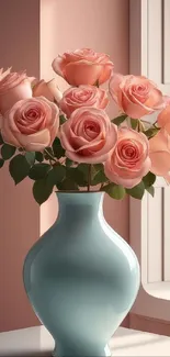 Elegant pink roses in a turquoise vase near window.