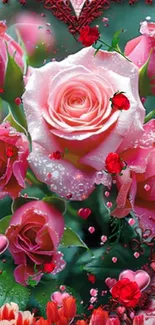 A vibrant mobile wallpaper featuring pink roses and hearts.