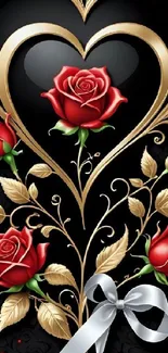 Wallpaper with red roses and elegant gold designs on a black background.