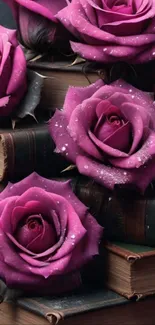 Pink roses arranged on vintage books for mobile wallpaper.