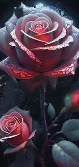 Elegant dark red roses with detailed petals.