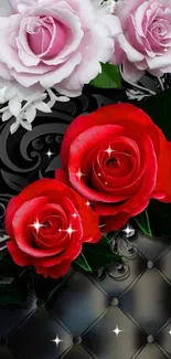 Elegant red and white roses on a black patterned background.