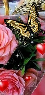 Elegant wallpaper with pink roses and a golden butterfly.