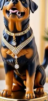 Rottweiler figurine adorned with elegant jewelry on display.