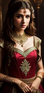 Woman in elegant red dress with intricate jewelry, royal style.