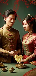 A royal couple in traditional attire with romantic heart details.