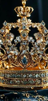 Ornate golden crown with jewels on display.