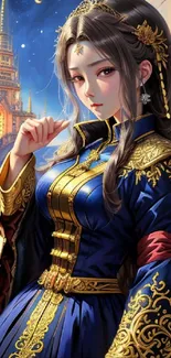 Fantasy art of a woman in blue and gold attire against a starry medieval backdrop.