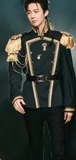 Person wearing elegant, regal attire with golden accents on a dark background.