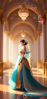 Elegant woman in a golden palace hallway.