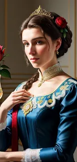 Elegant woman in blue gown with a red rose in her hair and refined gold accents.