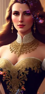 Elegant royal woman portrait with luxurious gold details.