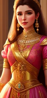 Royal woman in golden attire with pink dress.