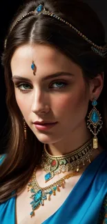 A beautiful woman in blue attire with ornate jewelry in a regal portrait.