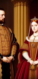 Regal couple in ornate attire against classical backdrop.