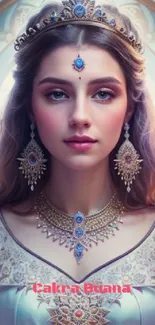 Elegant royal woman with intricate jewelry and blue attire.