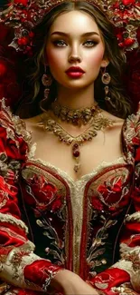 A stunning royal portrait in a luxurious red gown with intricate detailing.