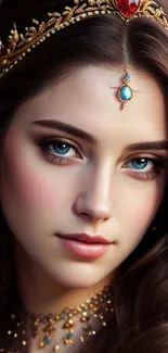 Elegant portrait of a woman with gold jewelry and captivating blue eyes.