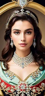 A regal woman adorned with jewels and elegant attire in a royal portrait.