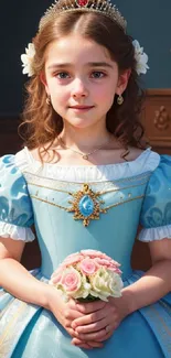 A young princess in a blue gown holding roses.