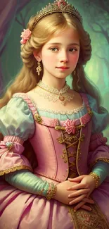 Victorian princess in elegant pink gown with intricate details.