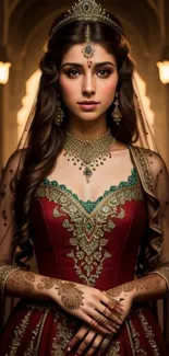 A princess in an ornate gown with gold jewelry and henna art.