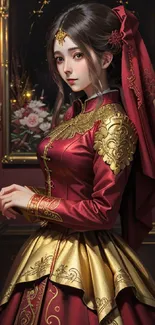 Artistic wallpaper of a woman in regal red attire with intricate details.