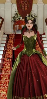 Regal woman on elegant staircase wallpaper.