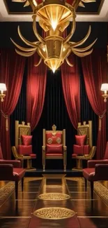 Luxurious throne room with rich red accents and gold detailing.