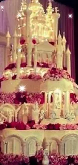 Elegant royal wedding cake with castle design and floral accents.