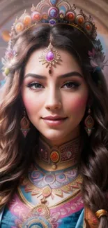 Elegant portrait of a woman with a crown in vibrant colors.