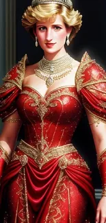 Elegant regal figure in red dress with gold accents, exuding sophisticated style.