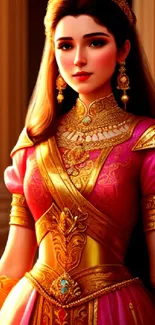 Elegant princess in pink and gold attire, exuding royal grace.