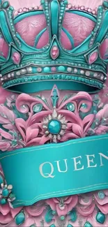 Pink and blue crown with jewels on wallpaper.