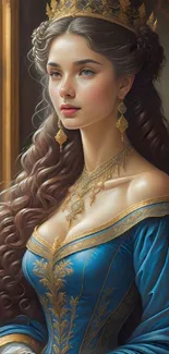 Elegant royal portrait of a lady in blue gown with golden accents.