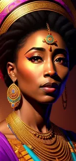 Elegant portrait of a regal figure adorned with gold jewelry and vivid colors.