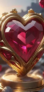 Elegant ruby heart with gold accents on mobile wallpaper.