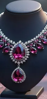 Elegant ruby and diamond necklace on display stand.