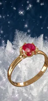 Golden ring with ruby on icy starry background.