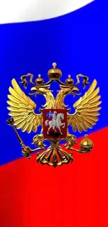 Russian emblem on vibrant blue, red, and white background.