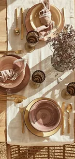 Elegant rustic table setting with earthy tones and artistic arrangement.