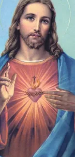 Sacred Heart mobile wallpaper with blue tones and spiritual imagery.