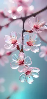 Delicate sakura blossoms on a branch with a pastel pink and blue background.