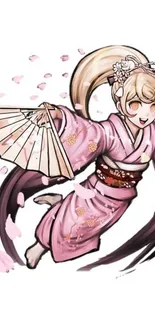 Anime character in pink kimono with sakura petals.