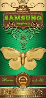 Green wallpaper with a gold butterfly and ornate design