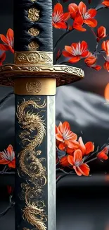 Samurai sword with ornate design and red flowers on a dark background.